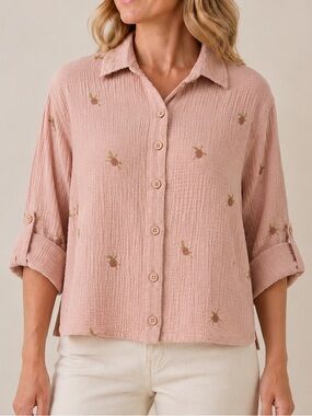 Devoted 100% Cotton Gauze Embroidered Boxy Crop Button Shirt Blush Pink Sz Small